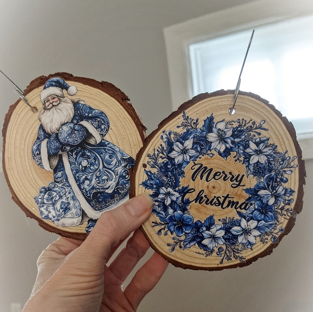 Blue Toile XL ornaments (3) - handmade wooden holiday decoration Christmas/Yule